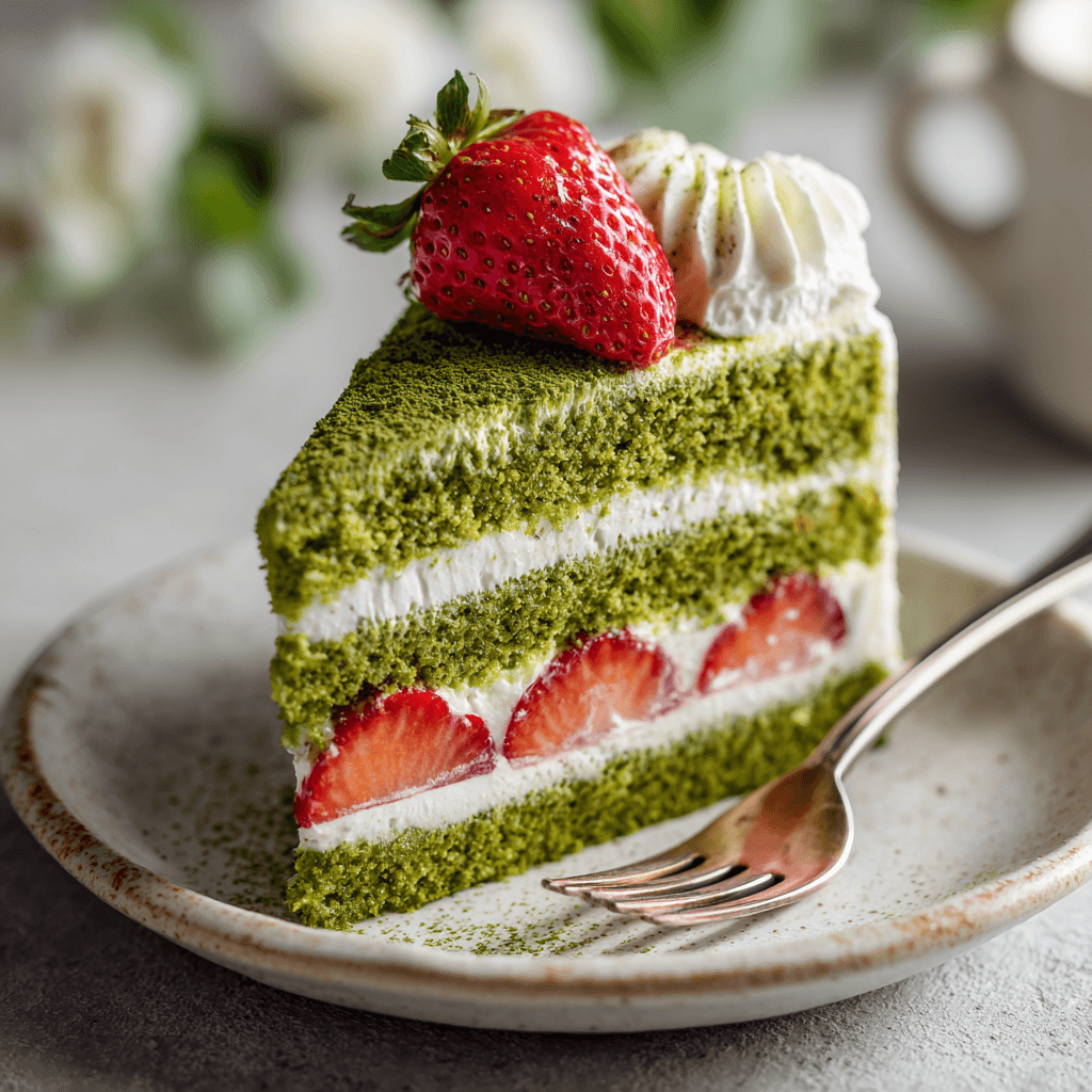 Matcha Cake Recipe – Easy, Vibrant, and Delicious 6 final slice of layered matcha cake recipe with cream and strawberry on a dessert plate