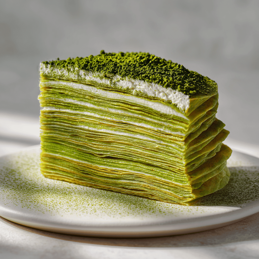 sliced matcha crepe cake with vibrant green layers and cream filling on white background
