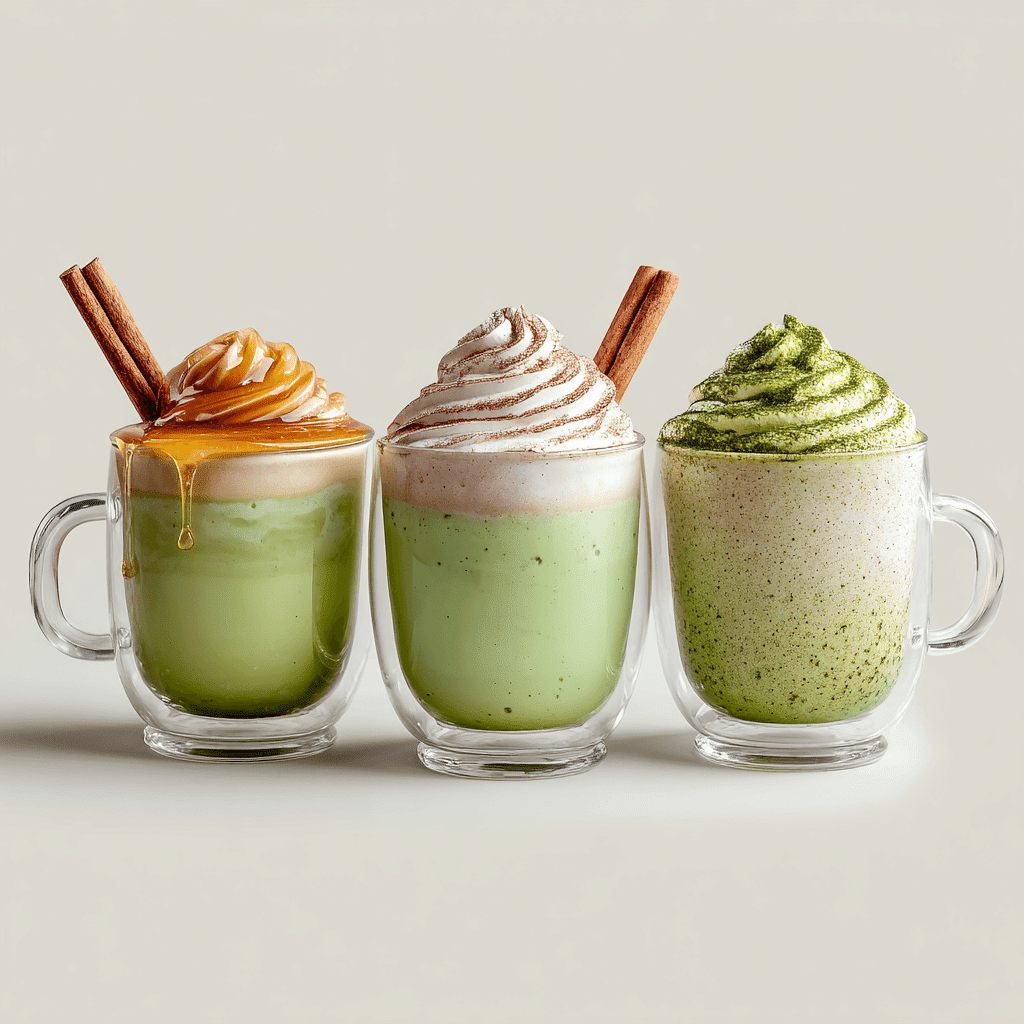 Make Matcha Tea Without Whisk – Smooth & Easy Methods That Work 4 Three glass cups of matcha tea with honey, coconut, and vanilla toppings