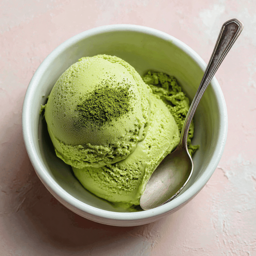 Matcha Ice Cream Recipe – Creamy, Refreshing, and Delicious 7 single scoop of vibrant green matcha ice cream in a white bowl with spoon