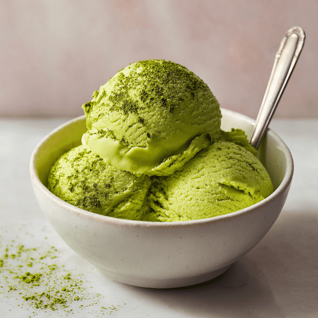 Matcha Ice Cream Recipe – Creamy, Refreshing, and Delicious 1 ultra-realistic scoop of vibrant green matcha ice cream in a white bowl