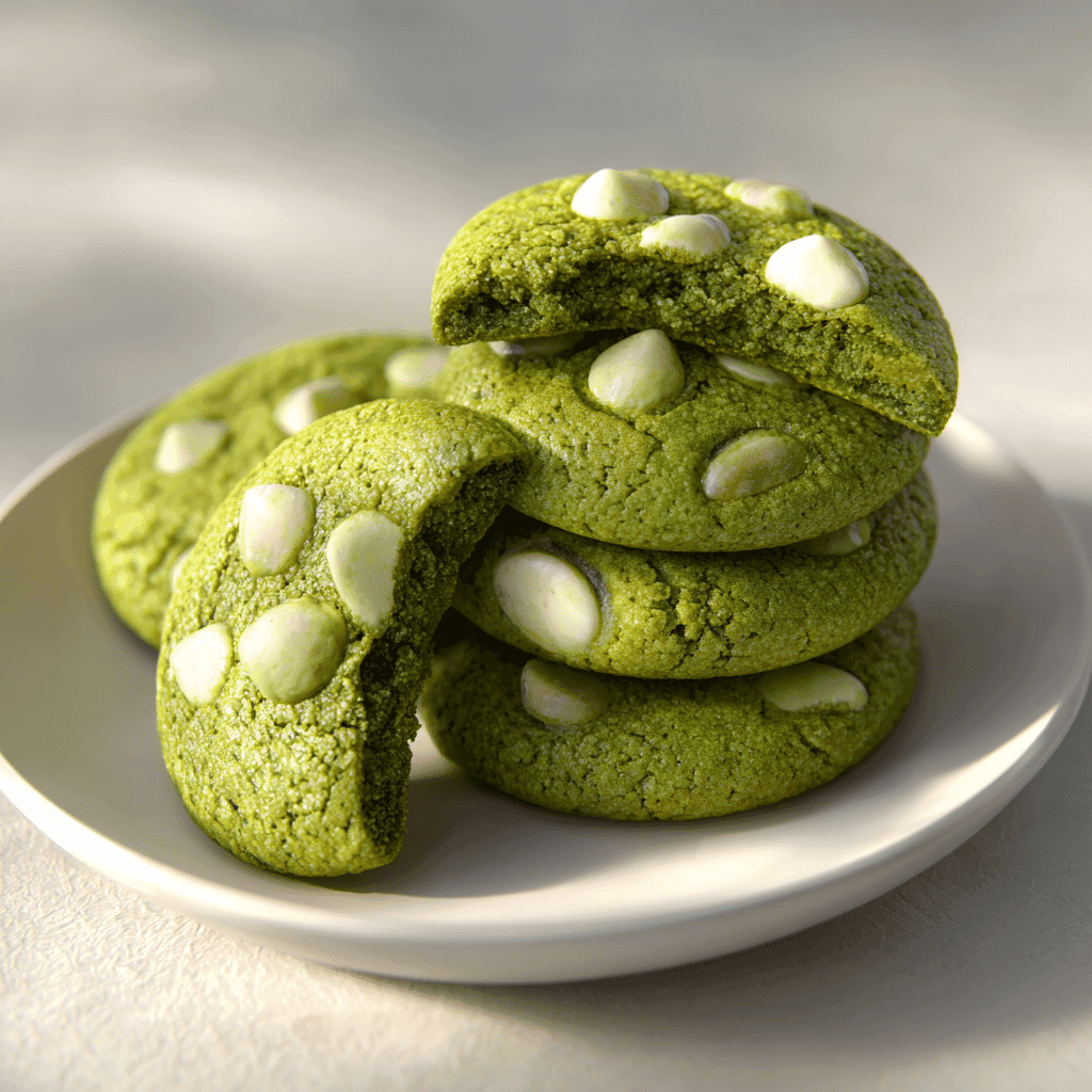 Matcha Latte Cookies – Soft, Chewy & Full of Flavor 7 matcha latte cookies stacked on white plate with one broken open showing chewy interior