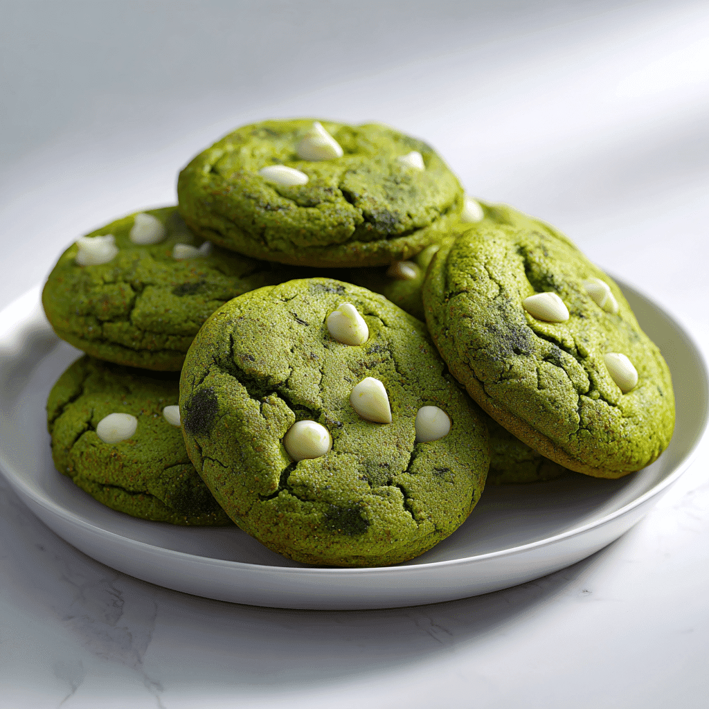 Matcha Latte Cookies – Soft, Chewy & Full of Flavor 1 soft and chewy matcha latte cookies with white chocolate chips on a white plate