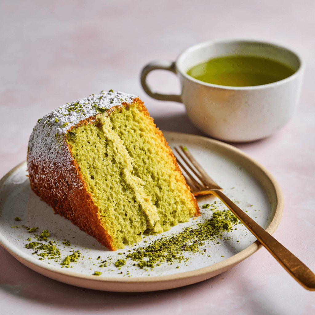 Matcha Sponge Cake Recipe – Light, Fluffy, and Full of Flavor 6 slice of matcha sponge cake with matcha dusting and cup of green tea