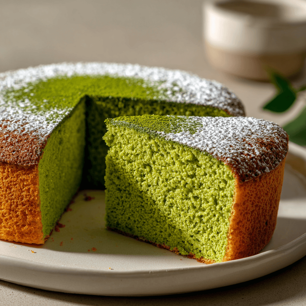 Matcha Sponge Cake Recipe – Light, Fluffy, and Full of Flavor 1 high-quality matcha sponge cake recipe with vibrant green crumb and golden edges