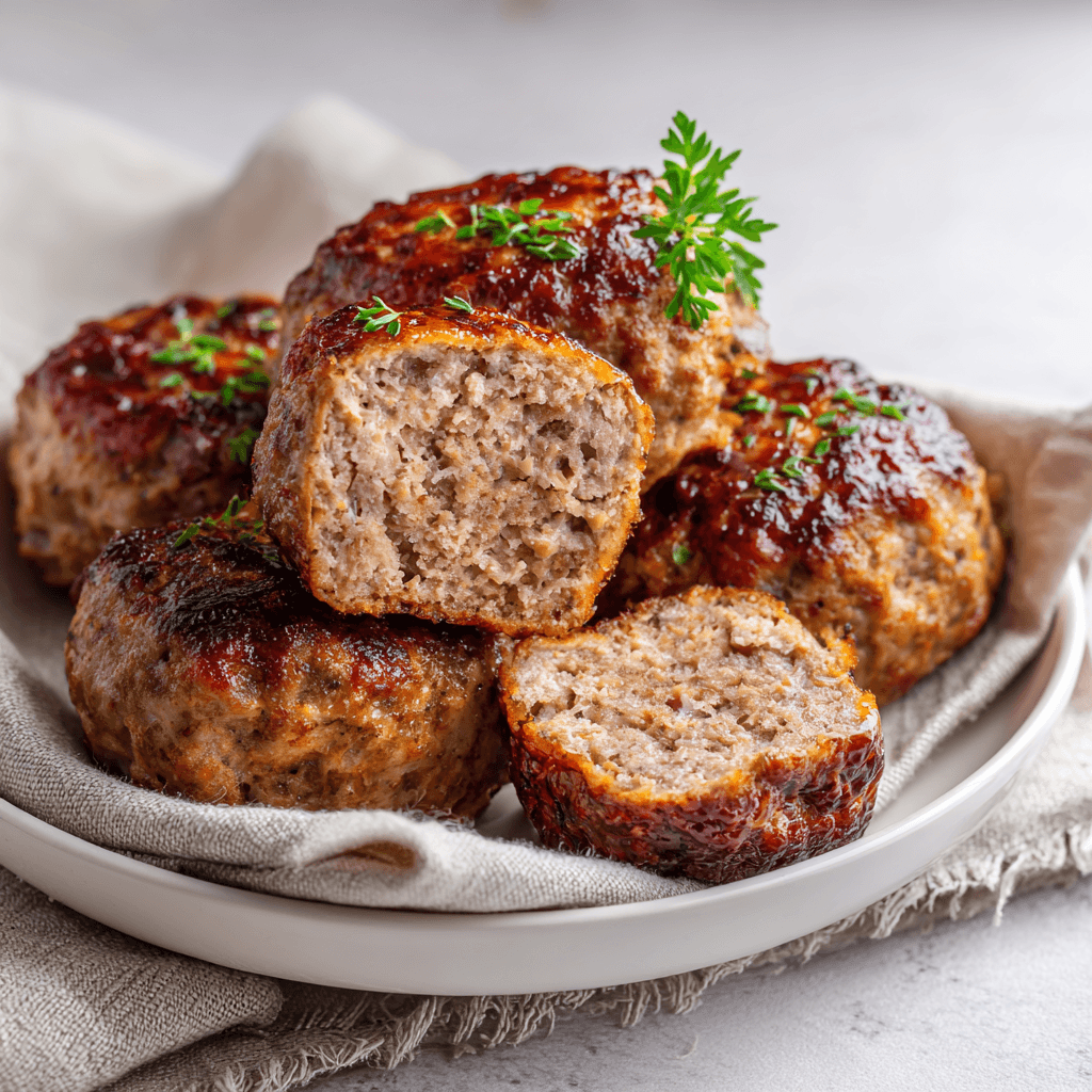 Mini Meatloaf Recipe That’s Juicy, Quick, and Comforting 6 Comforting mini meatloaf on a white plate with juicy interior