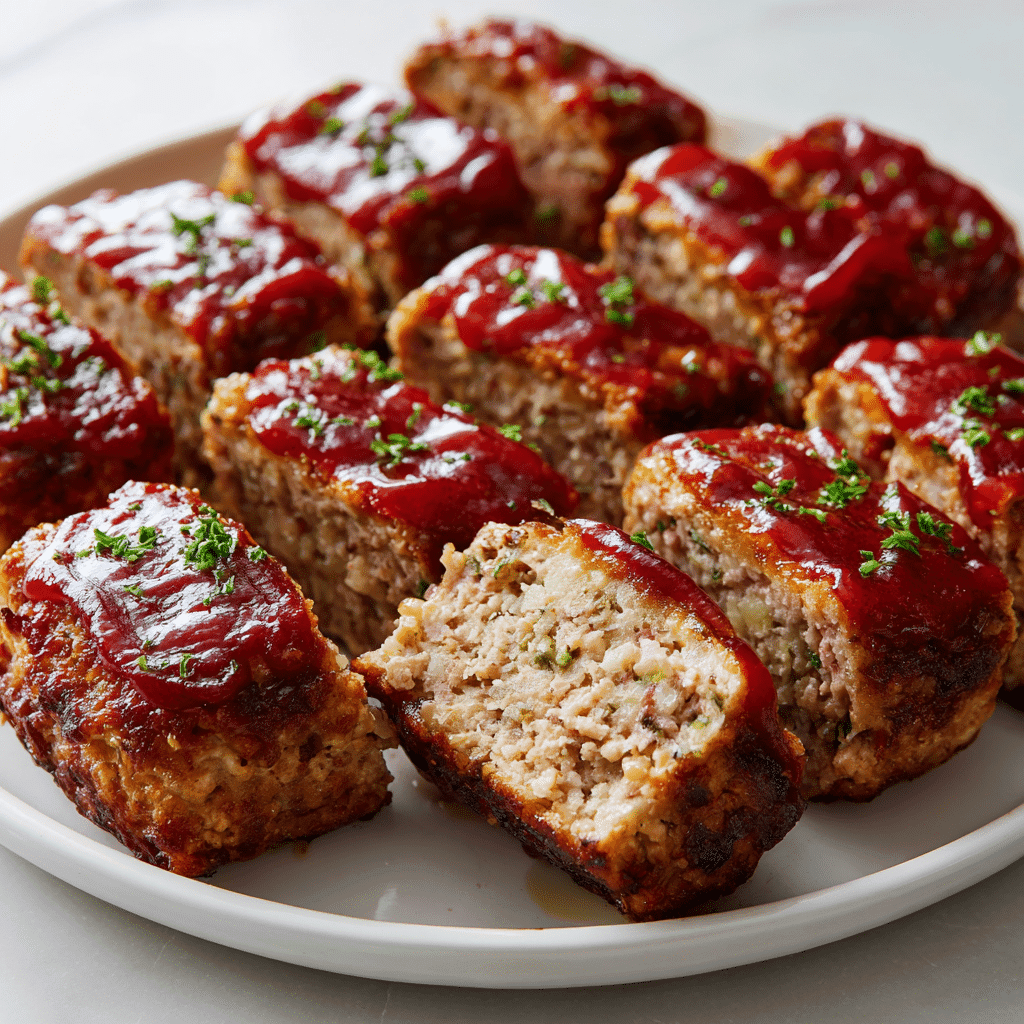 Mini Meatloaf Recipe That’s Juicy, Quick, and Comforting 1 Juicy mini meatloaves with ketchup glaze on a white plate