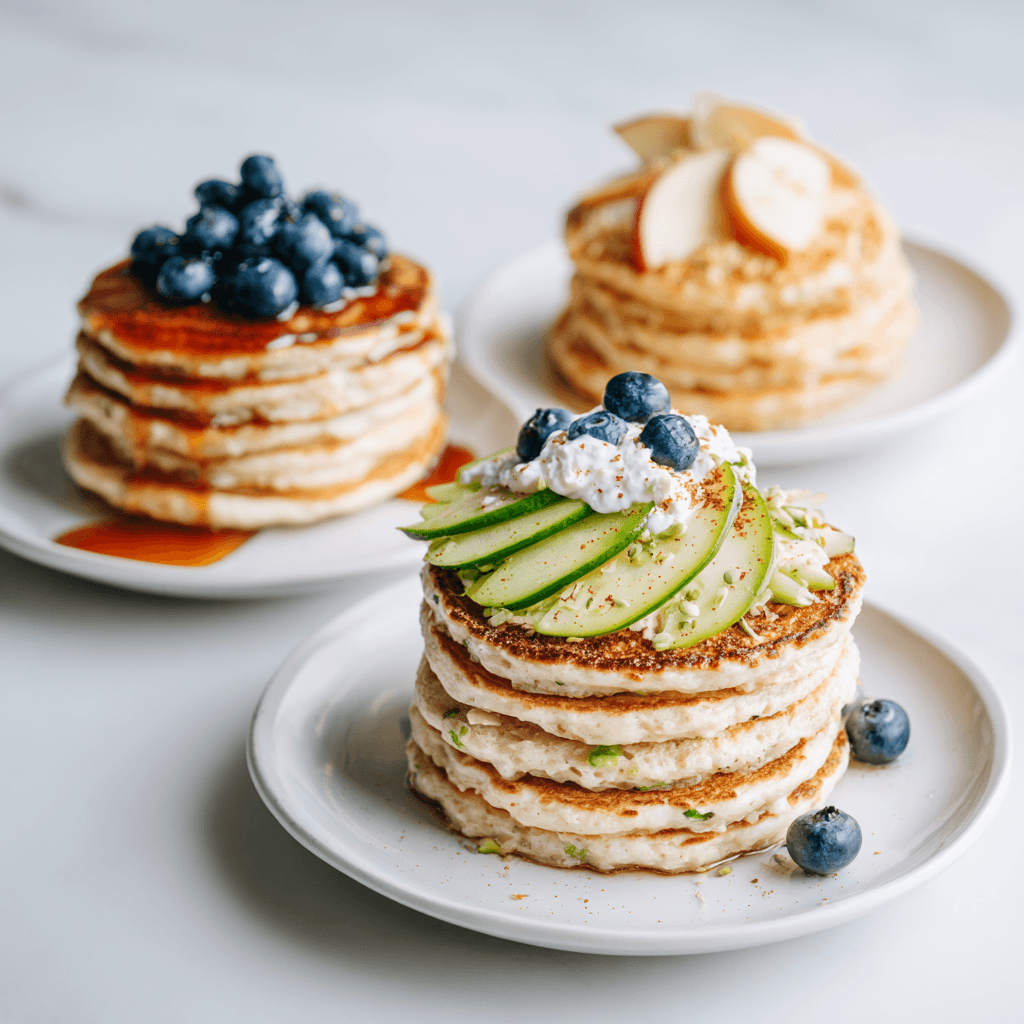 Oatmeal Protein Pancakes: Fluffy, Healthy, and Easy to Make 4 Three oatmeal protein pancake variations—sweet with berries, apple cinnamon, and savory zucchini—on a white plate