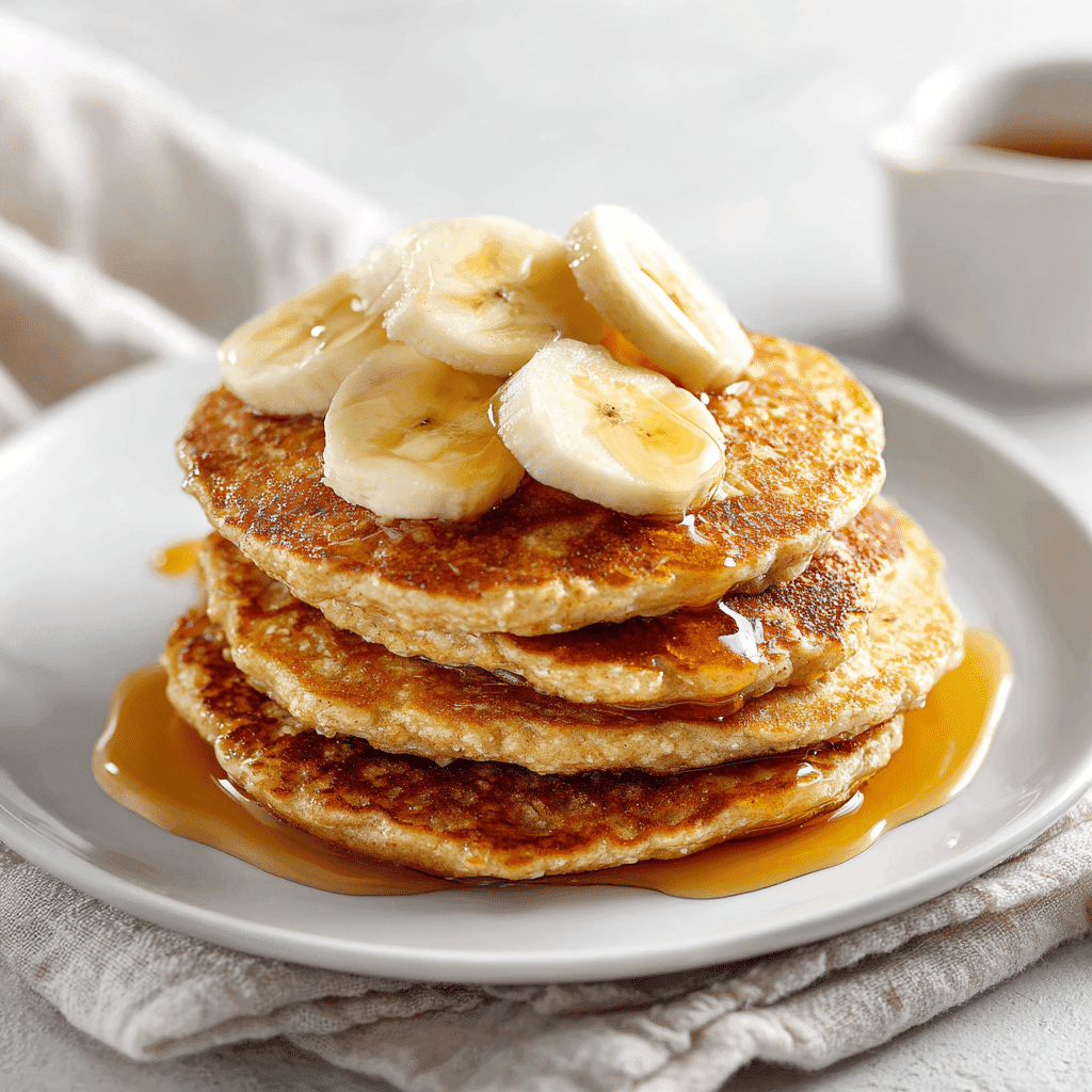Oatmeal Protein Pancakes: Fluffy, Healthy, and Easy to Make 6 Stack of fluffy oatmeal protein pancakes topped with banana and maple syrup on a white background