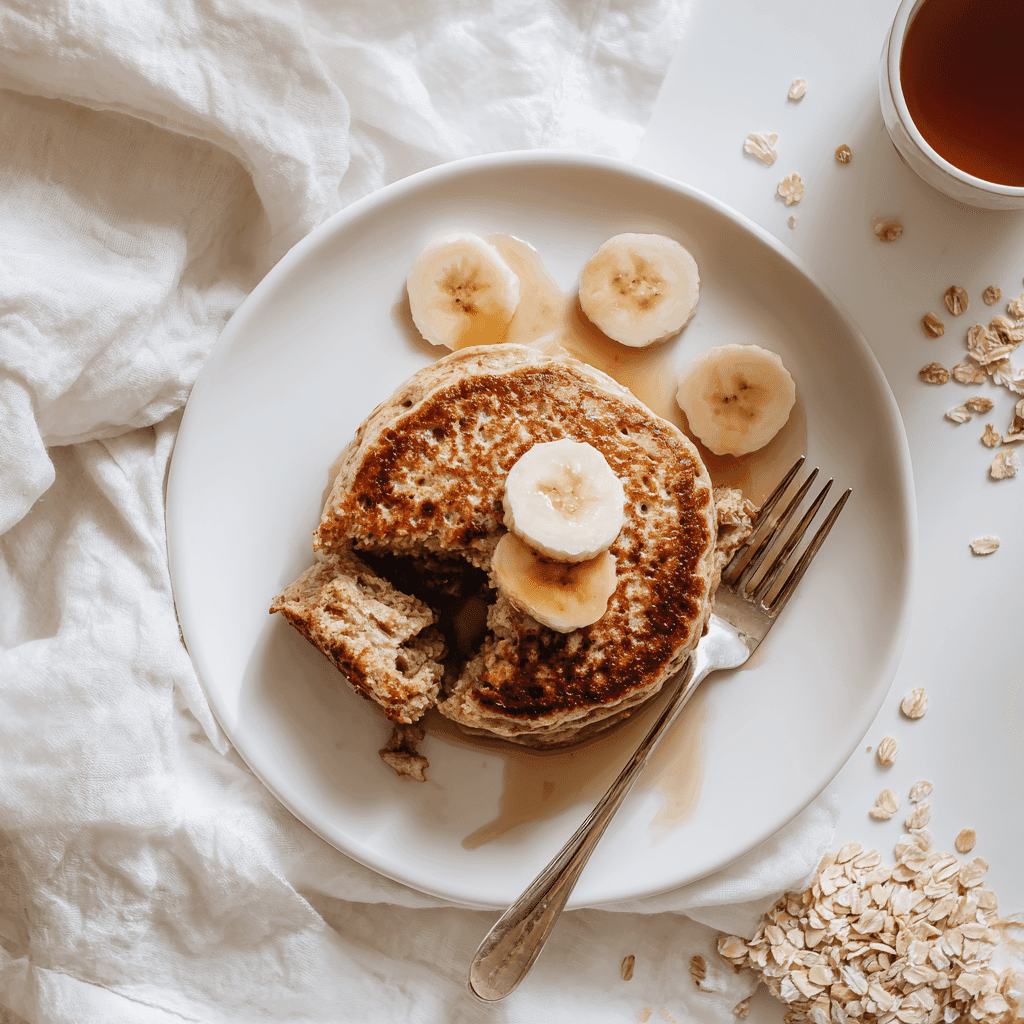 Oatmeal Protein Pancakes: Fluffy, Healthy, and Easy to Make 5 Cozy breakfast scene with oatmeal protein pancakes and banana slices on a white background