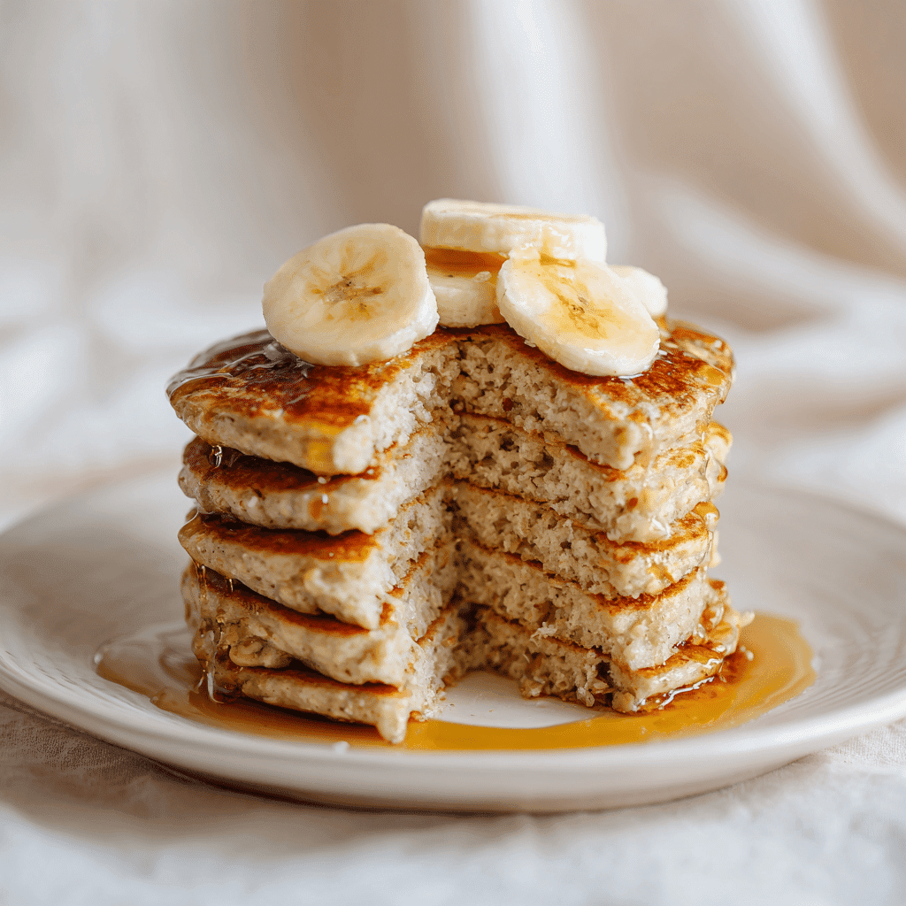 Oatmeal Protein Pancakes: Fluffy, Healthy, and Easy to Make 1 Rustic oatmeal protein pancakes with banana and syrup on a white background