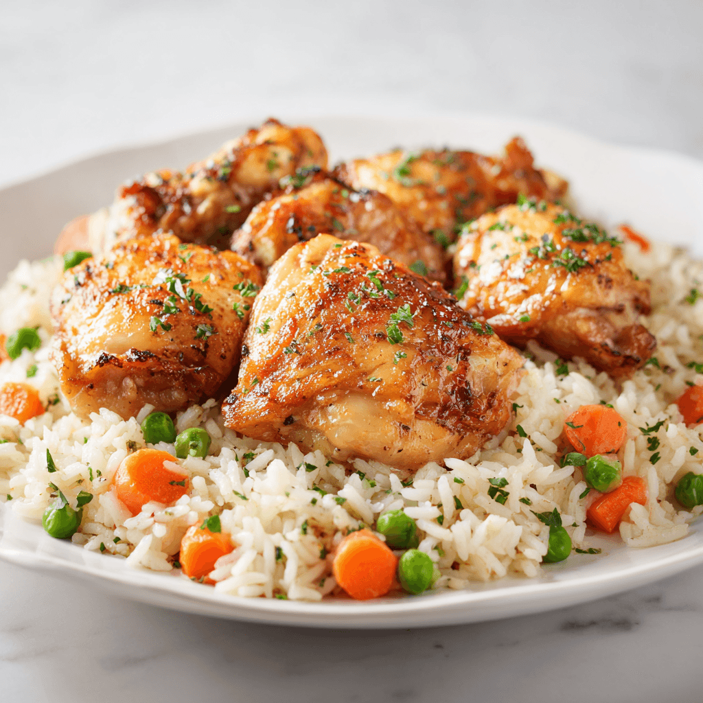One Pot Chicken and Rice – Easy, Flavorful Comfort in One Dish 3 golden chicken pieces with fluffy herbed rice and vegetables on a white plate