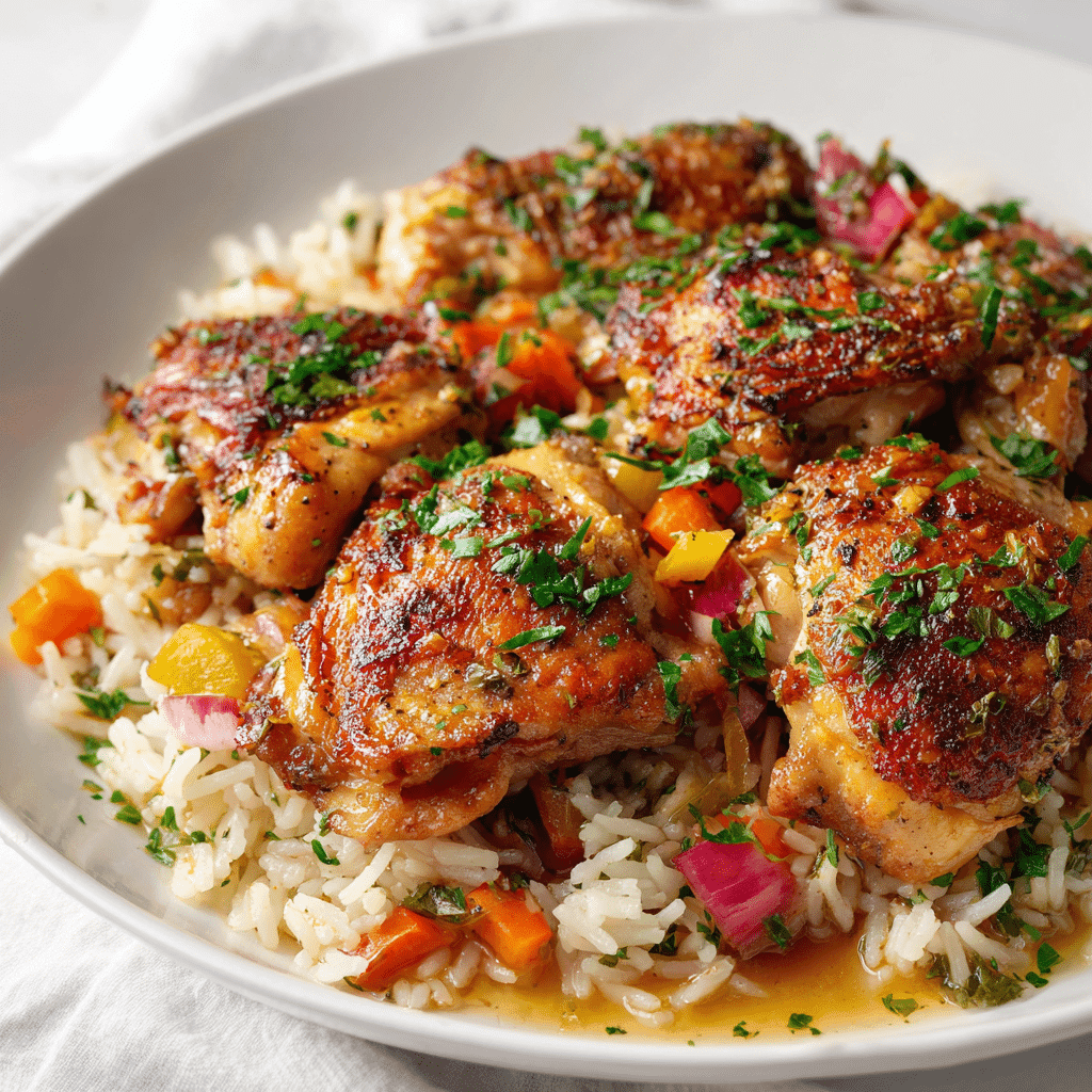 One Pot Chicken and Rice – Easy, Flavorful Comfort in One Dish 6 golden chicken and fluffy rice with vegetables served on a white plate