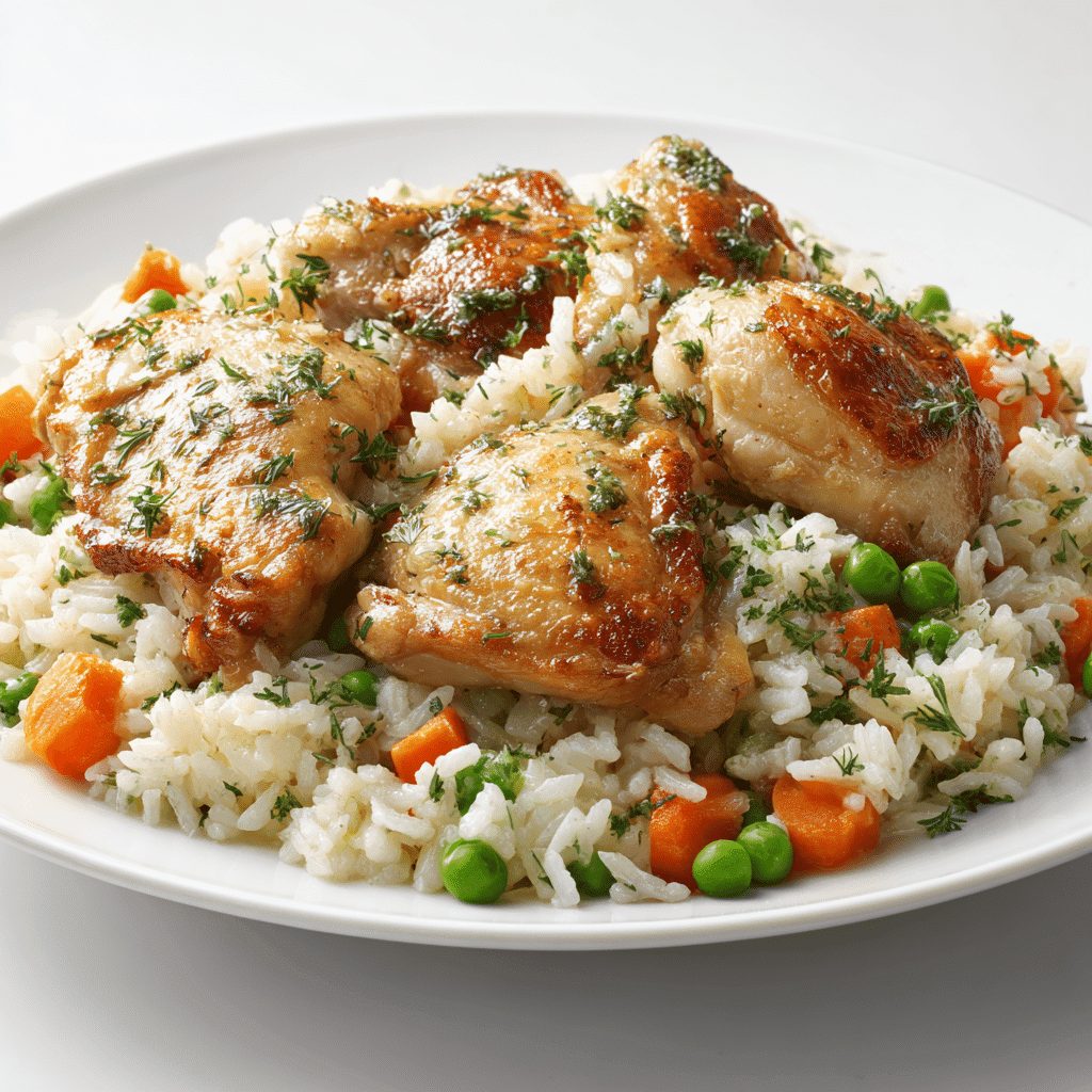 One Pot Chicken and Rice – Easy, Flavorful Comfort in One Dish 1 golden seared chicken served with fluffy herbed rice and vegetables on a white plate