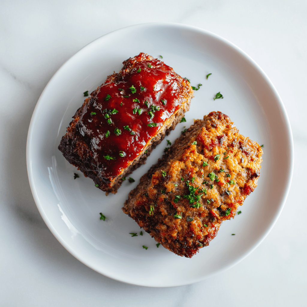 Mini Meatloaf Recipe That’s Juicy, Quick, and Comforting 5 Oven-baked and air-fried mini meatloaf comparison on white plate