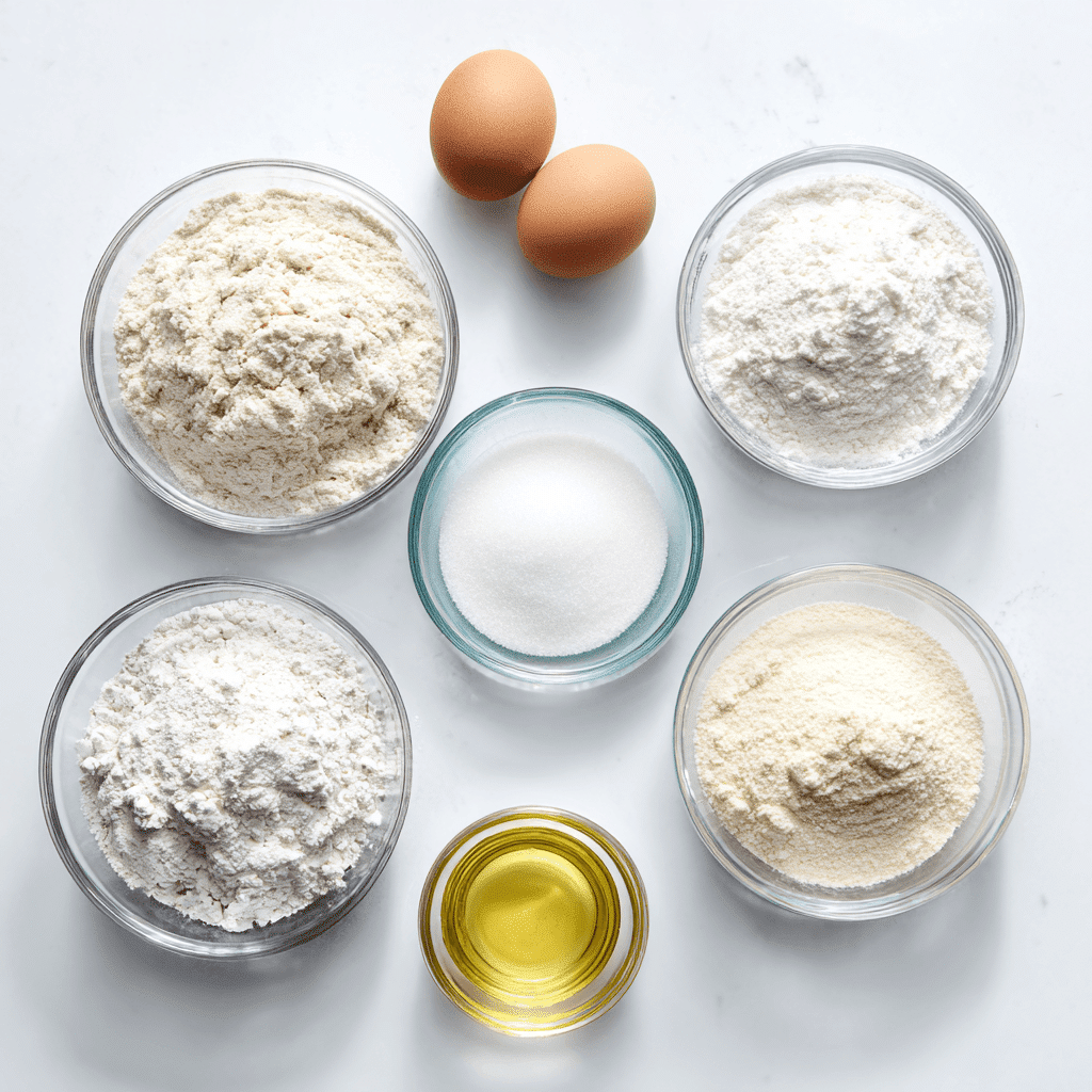 Pancake Recipe Without Milk – Easy, Fluffy & Dairy-Free 3 Glass bowls with flour, eggs, oil, salt, baking powder, and dairy-free milk for pancakes.