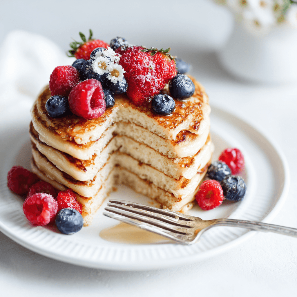 Pancake Recipe Without Milk – Easy, Fluffy & Dairy-Free 5 Partially eaten stack of pancakes without milk, topped with berries.