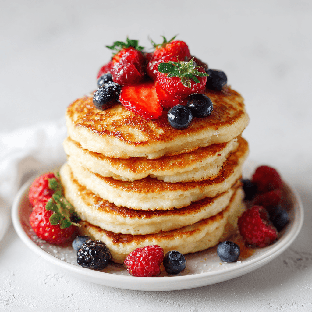 Stack of golden pancakes without milk topped with fresh berries.