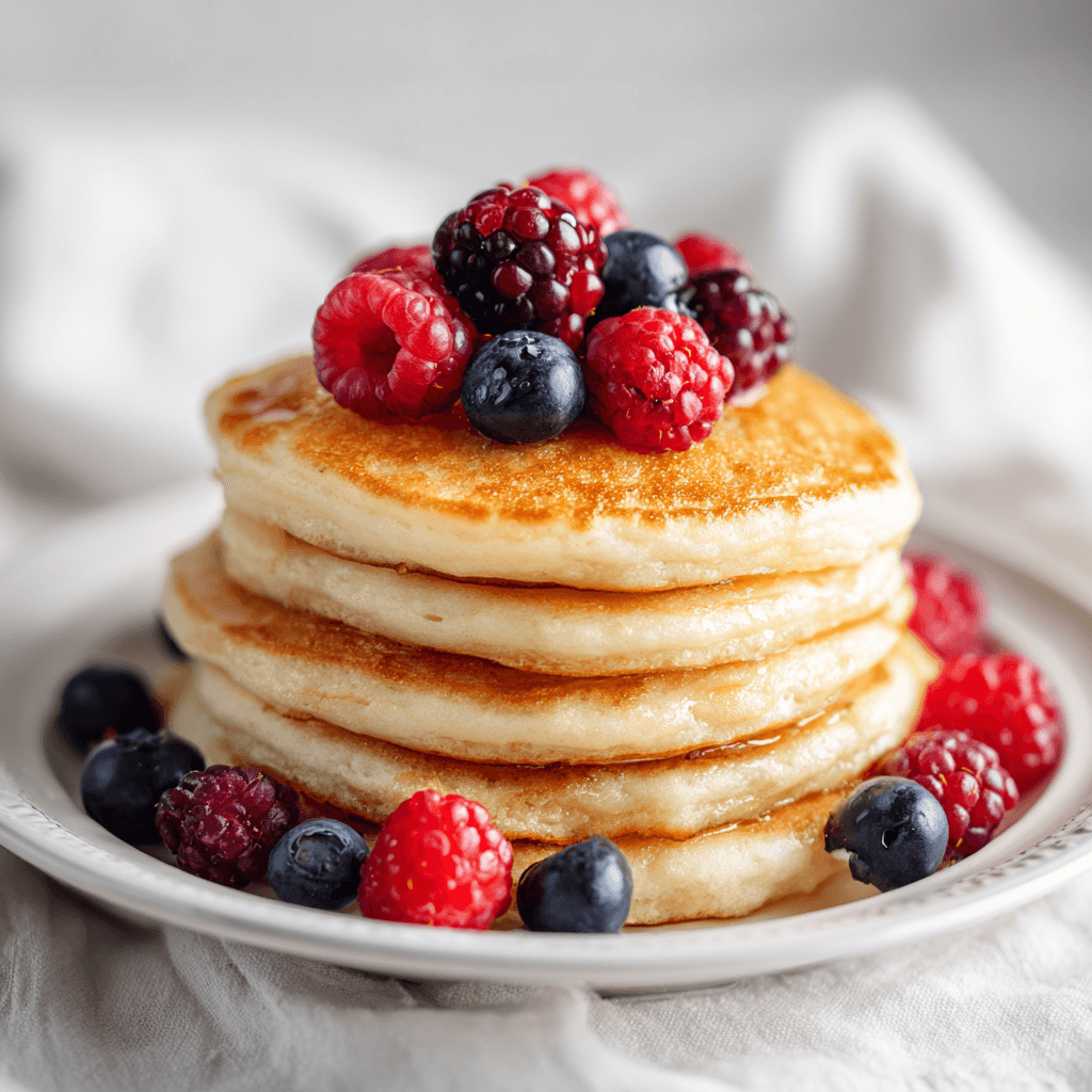 Pancake Recipe Without Milk – Easy, Fluffy & Dairy-Free 2 Stack of dairy-free pancakes with fresh berries on a white plate.