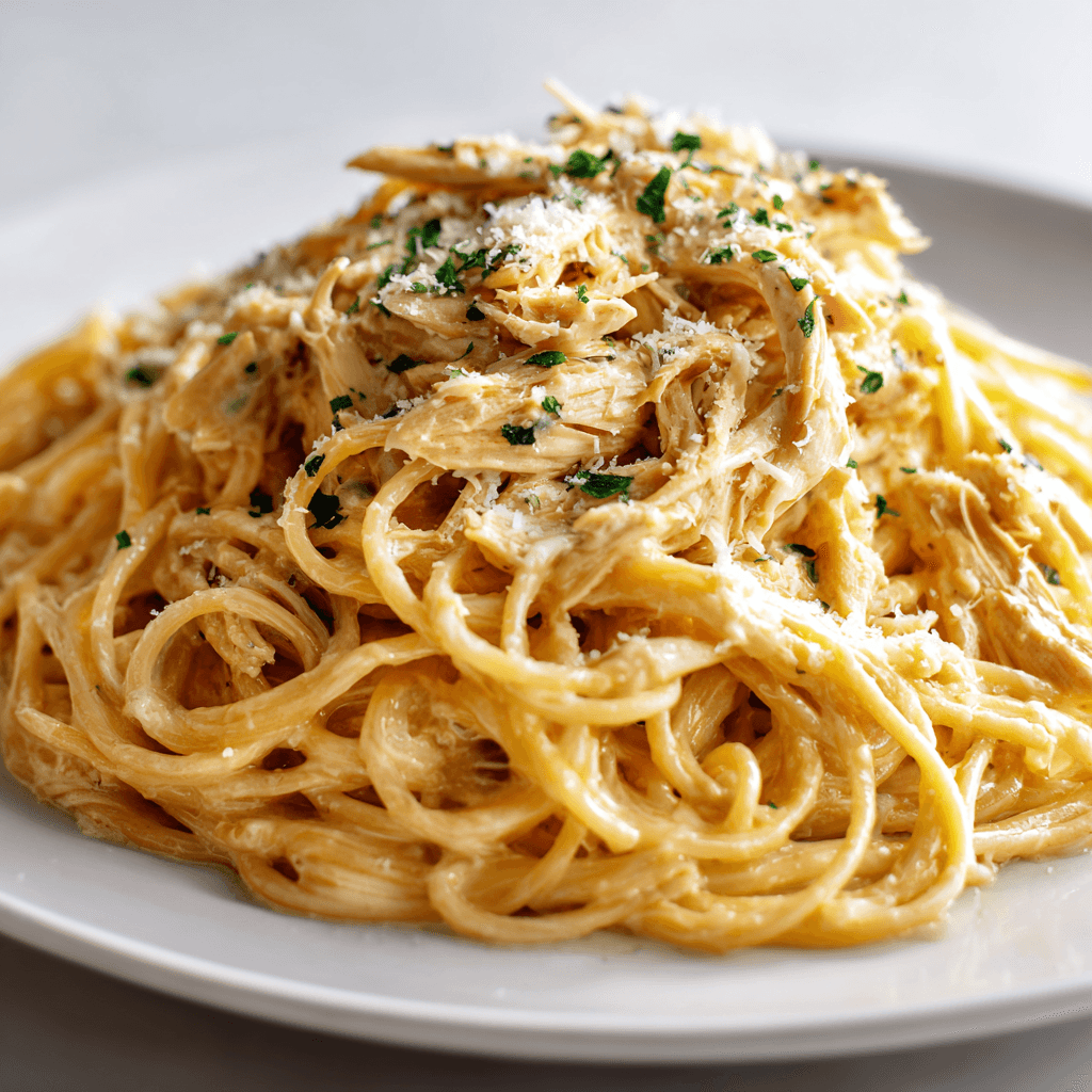 Chicken Spaghetti with Cream Cheese: Creamy Comfort Made Easy 4 Perfectly cooked chicken spaghetti with cream cheese served on a white plate.