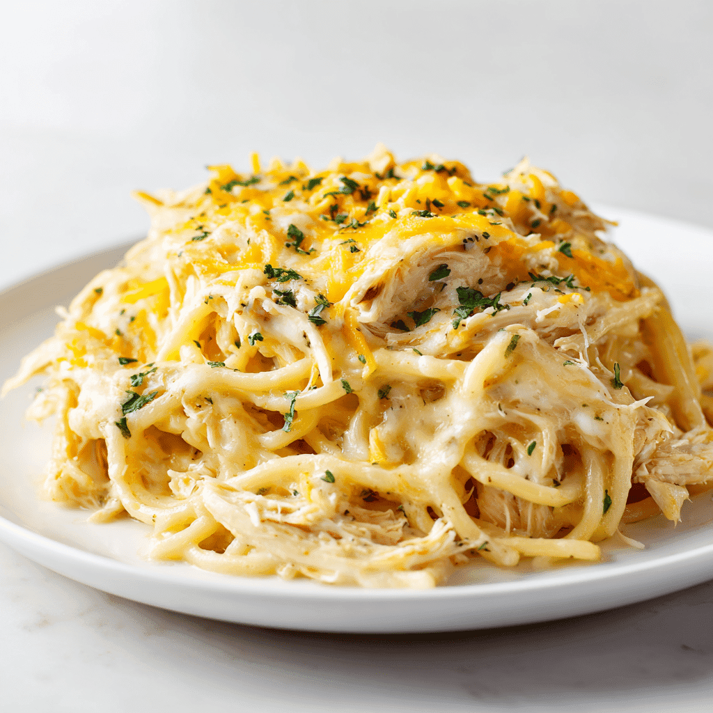 Baked Chicken Spaghetti Recipe for the Ultimate Comfort Meal 4 Creamy baked chicken spaghetti on a plate with tender pasta and cheese