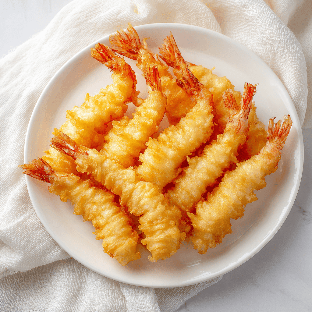 Air Fryer Frozen Shrimp Tempura (Crispy Every Time!) 3 Perfectly cooked shrimp tempura on a white plate showing crispy texture
