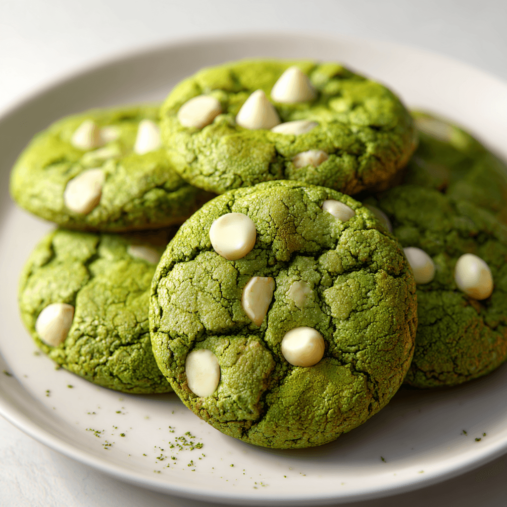 Matcha Latte Cookies – Soft, Chewy & Full of Flavor 5 perfectly baked matcha latte cookies with white chocolate chips on white plate