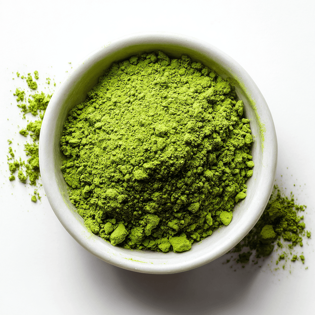 Matcha Sponge Cake Recipe – Light, Fluffy, and Full of Flavor 4 vibrant green matcha powder in a white ceramic dish on a white background