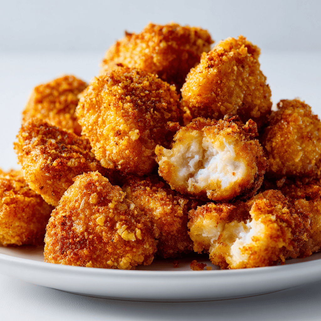 Popcorn chicken recipe close-up on white plate
