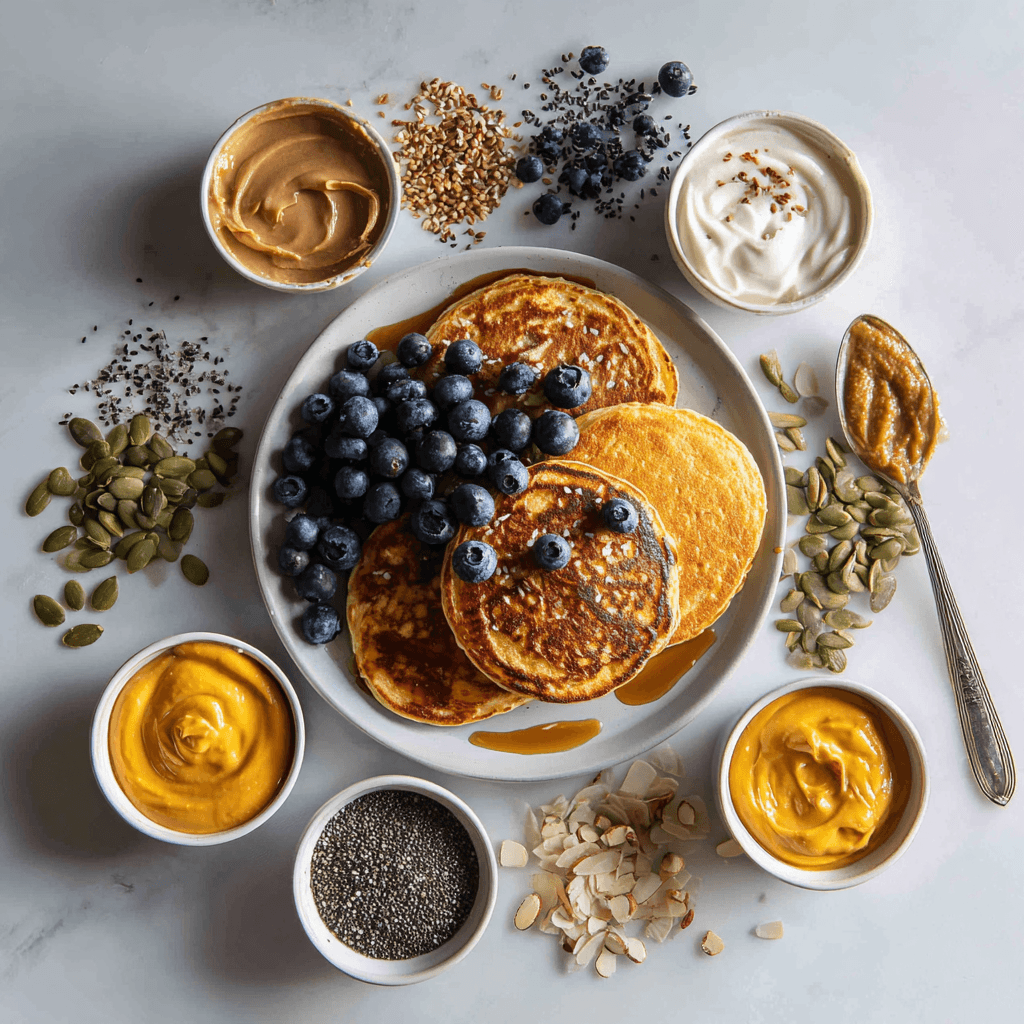 Protein Powder Pancakes Without Banana – 7 Best Hacks for Fluffy Results 4 Protein pancakes with different toppings and substitutions on a white plate