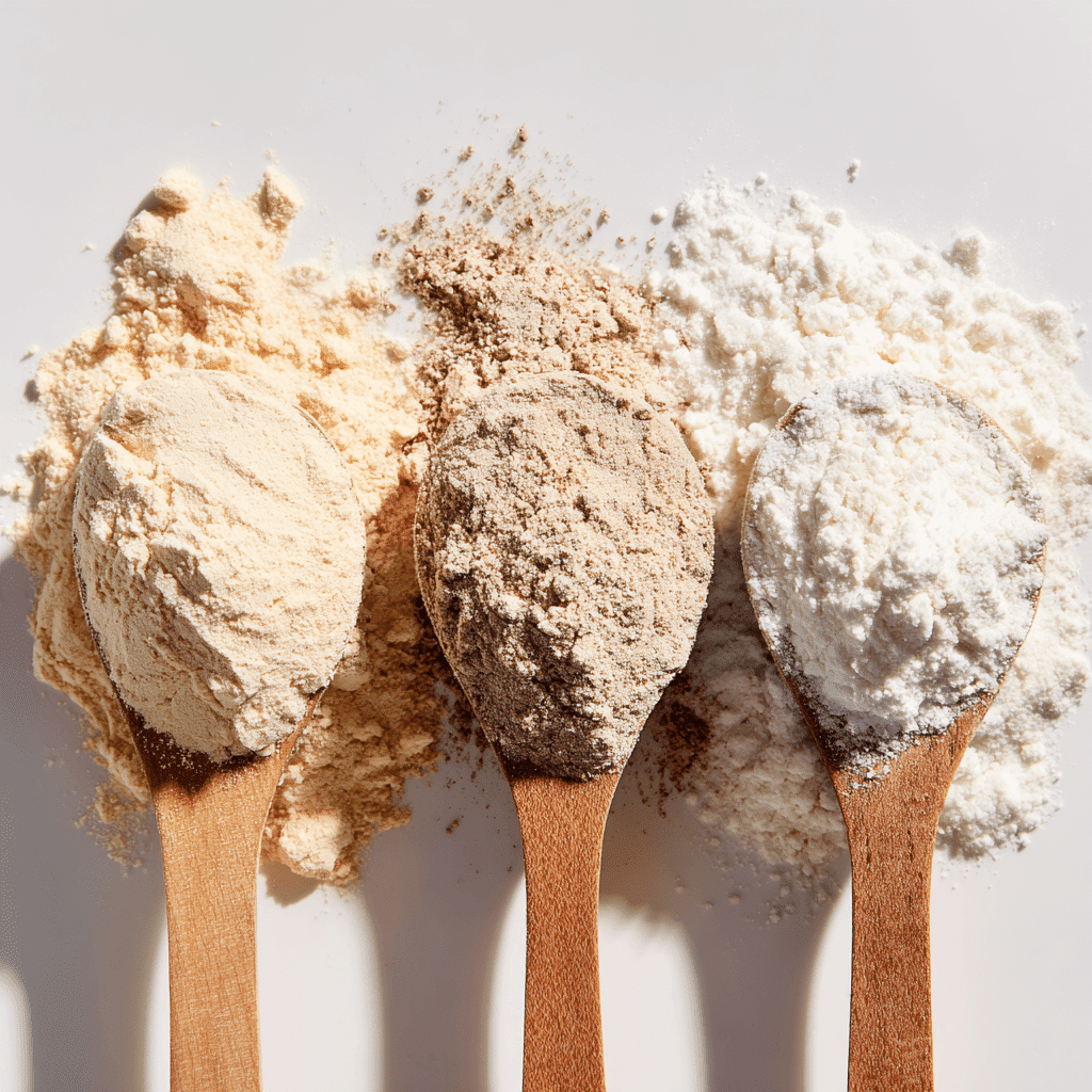 Oatmeal Protein Pancakes: Fluffy, Healthy, and Easy to Make 2 Three types of protein powder—whey, plant-based, and casein—displayed side by side on a white background