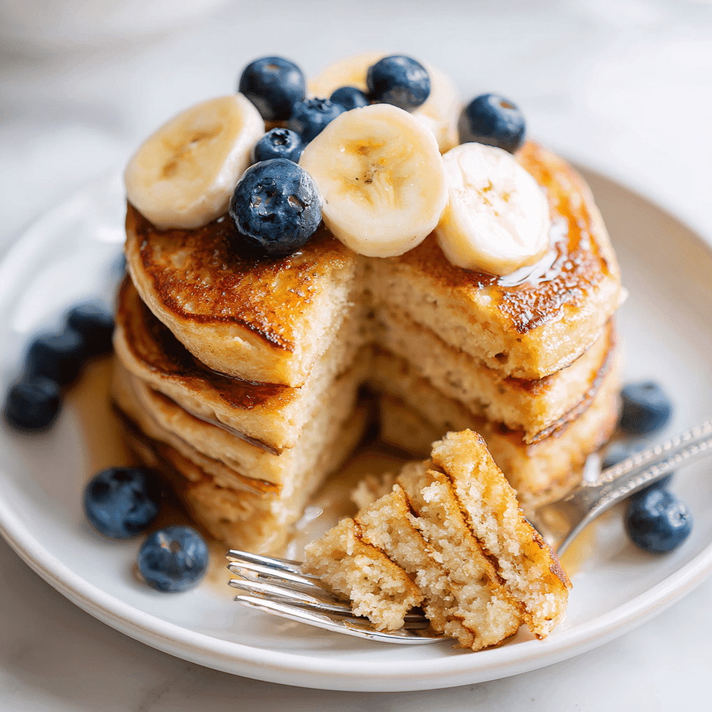 Protein Powder Pancake Recipe for Fluffy, Healthy Mornings 6 Protein powder pancakes with banana and blueberries, one bite taken