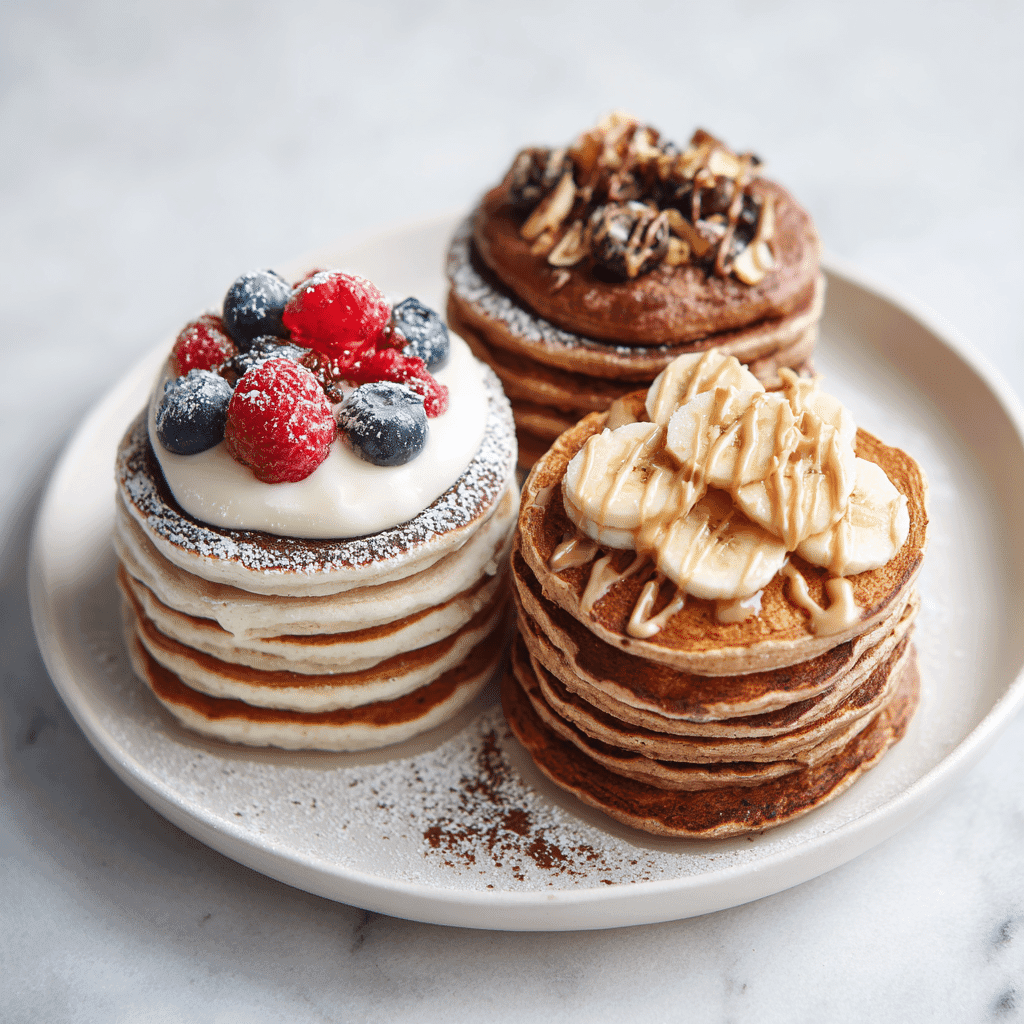 Four protein powder pancake variations—vanilla, chocolate, banana, and almond butter—on a white plate