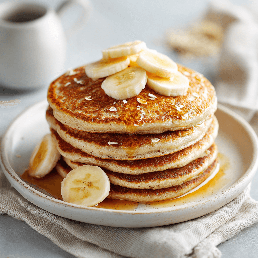 Fluffy protein powder pancakes stacked on a white plate with banana and maple syrup