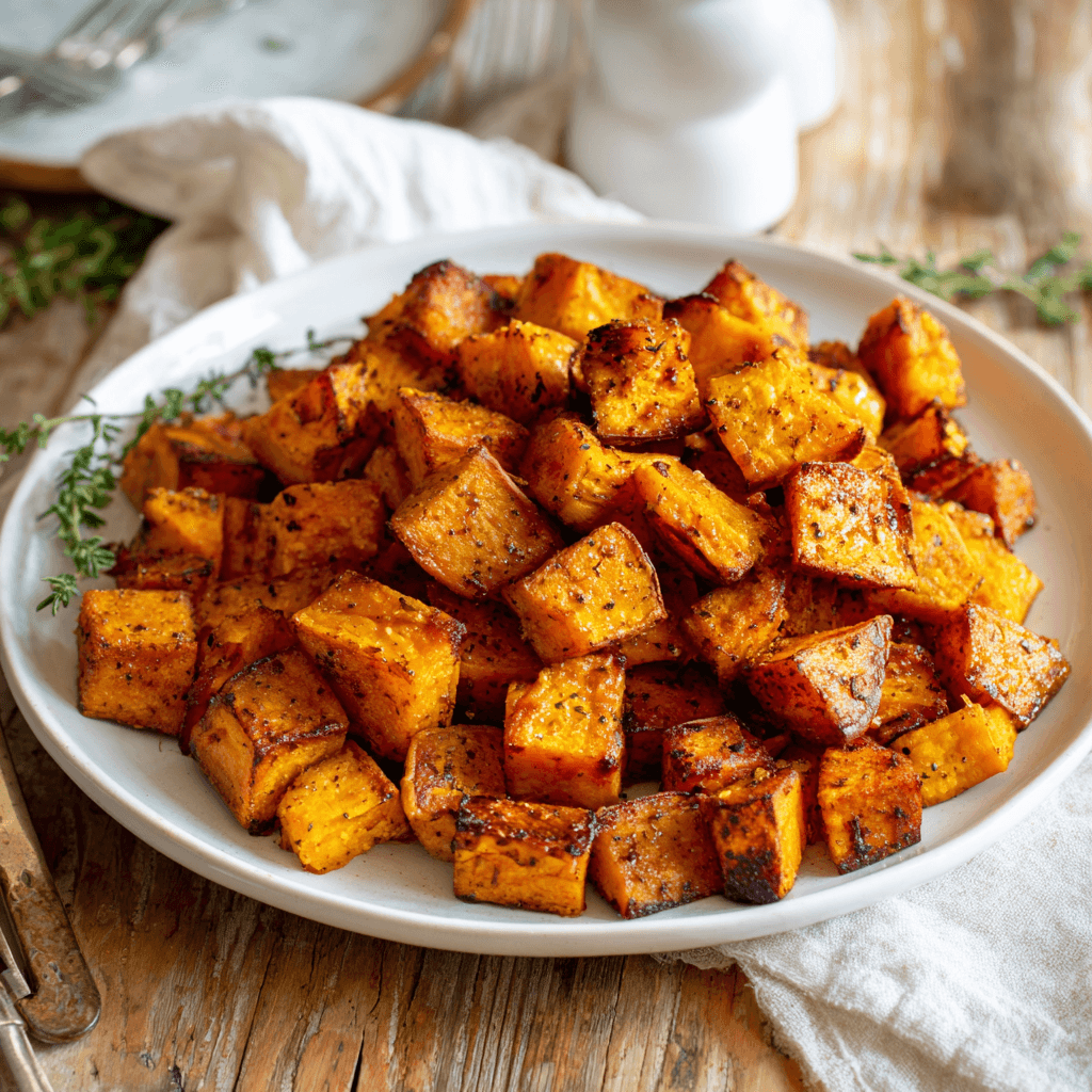 Air Fryer Roasted Sweet Potatoes: Crispy, Quick, Comforting 1 Roasted sweet potatoes on a white plate with crispy golden edges
