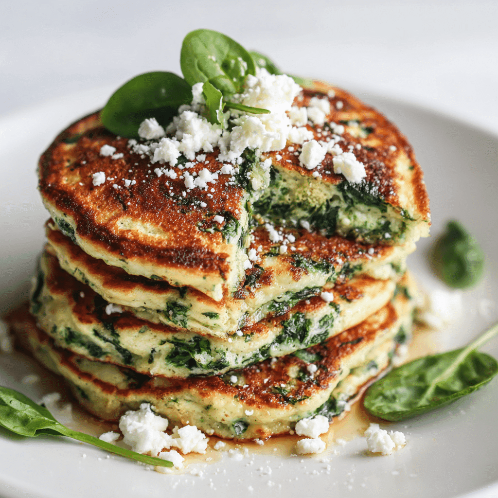 Protein Pancakes Without Protein Powder: Real Food, Big Flavor 4 Savory spinach and feta protein pancakes on a white plate