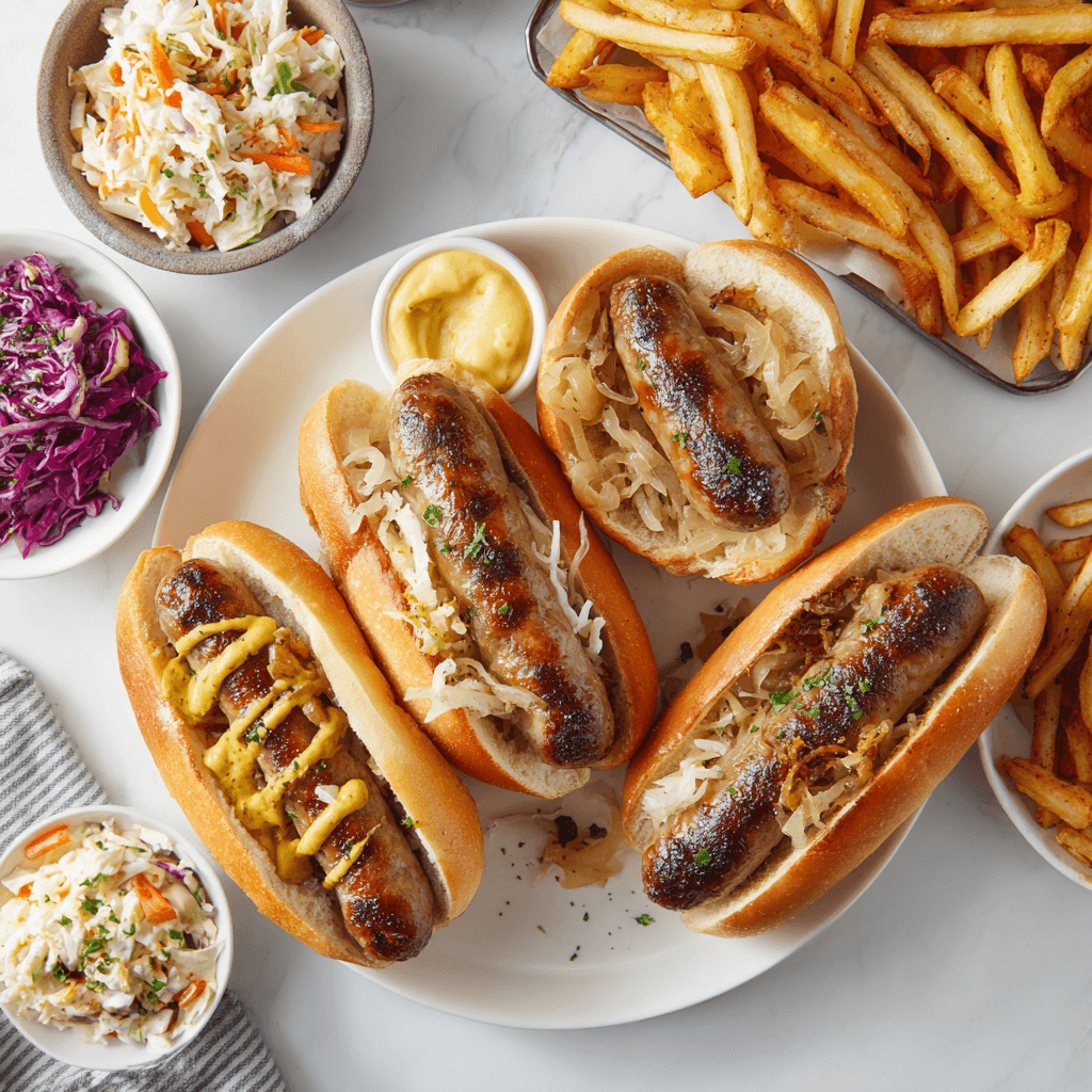 Air Fryer Brats: Juicy, Crispy Sausage Made Fast 4 Air fryer brats in buns with toppings and side dishes