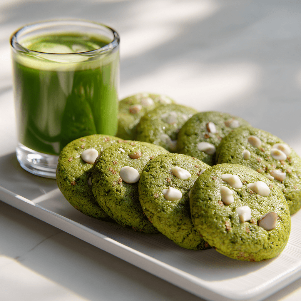 Matcha Latte Cookies – Soft, Chewy & Full of Flavor 6 matcha latte cookies on white platter with glass of matcha latte on white background