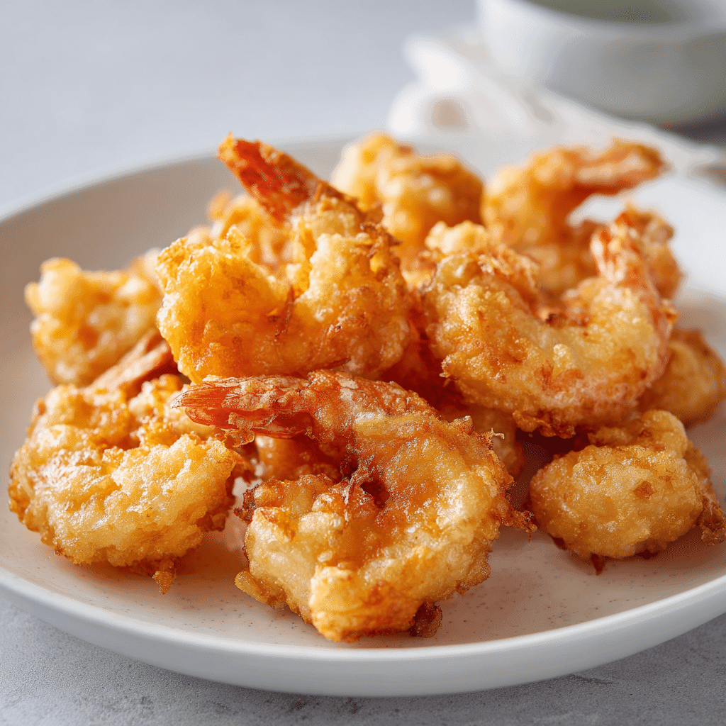 Air Fryer Frozen Shrimp Tempura (Crispy Every Time!) 4 Crispy air fryer shrimp tempura served hot on a white plate
