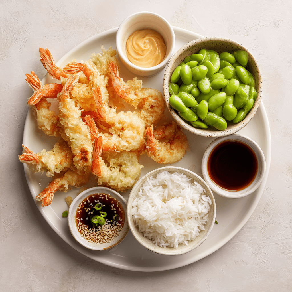 Air Fryer Frozen Shrimp Tempura (Crispy Every Time!) 2 Shrimp tempura with dipping sauces and sides like rice and edamame