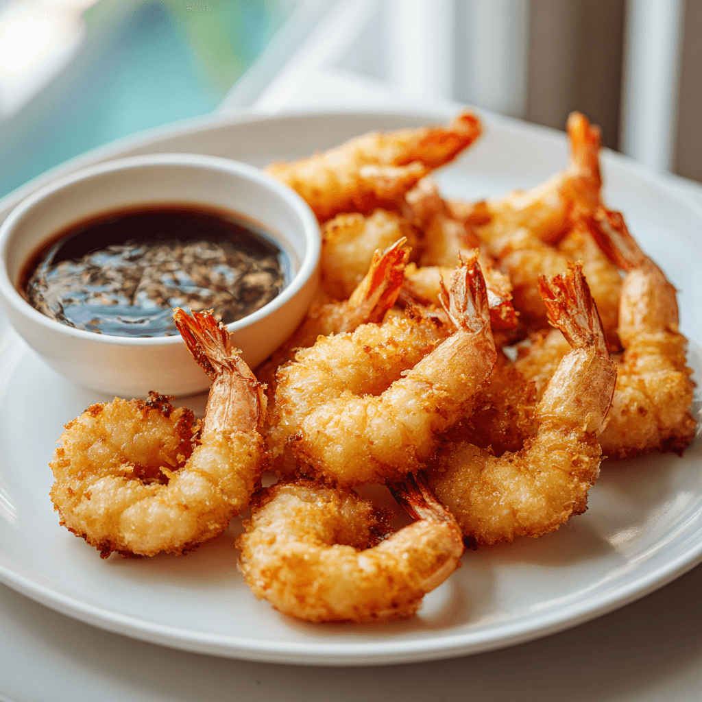 Air Fryer Frozen Shrimp Tempura (Crispy Every Time!) 1 Golden air fryer frozen shrimp tempura served with dipping sauce in a cozy kitchen