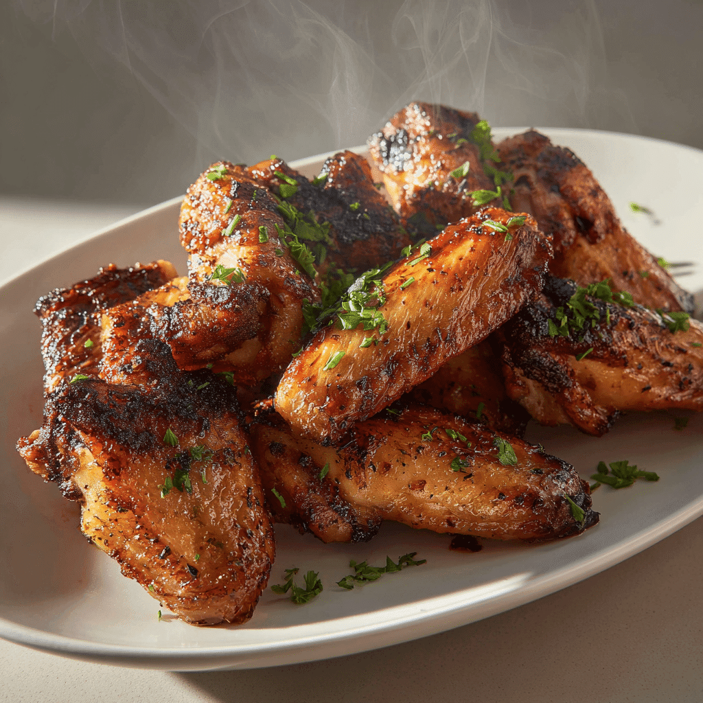 Smoked Chicken Wings – Crispy, Juicy, and Packed with Flavor 1 close-up smoked chicken wings with golden crispy skin on a white platter