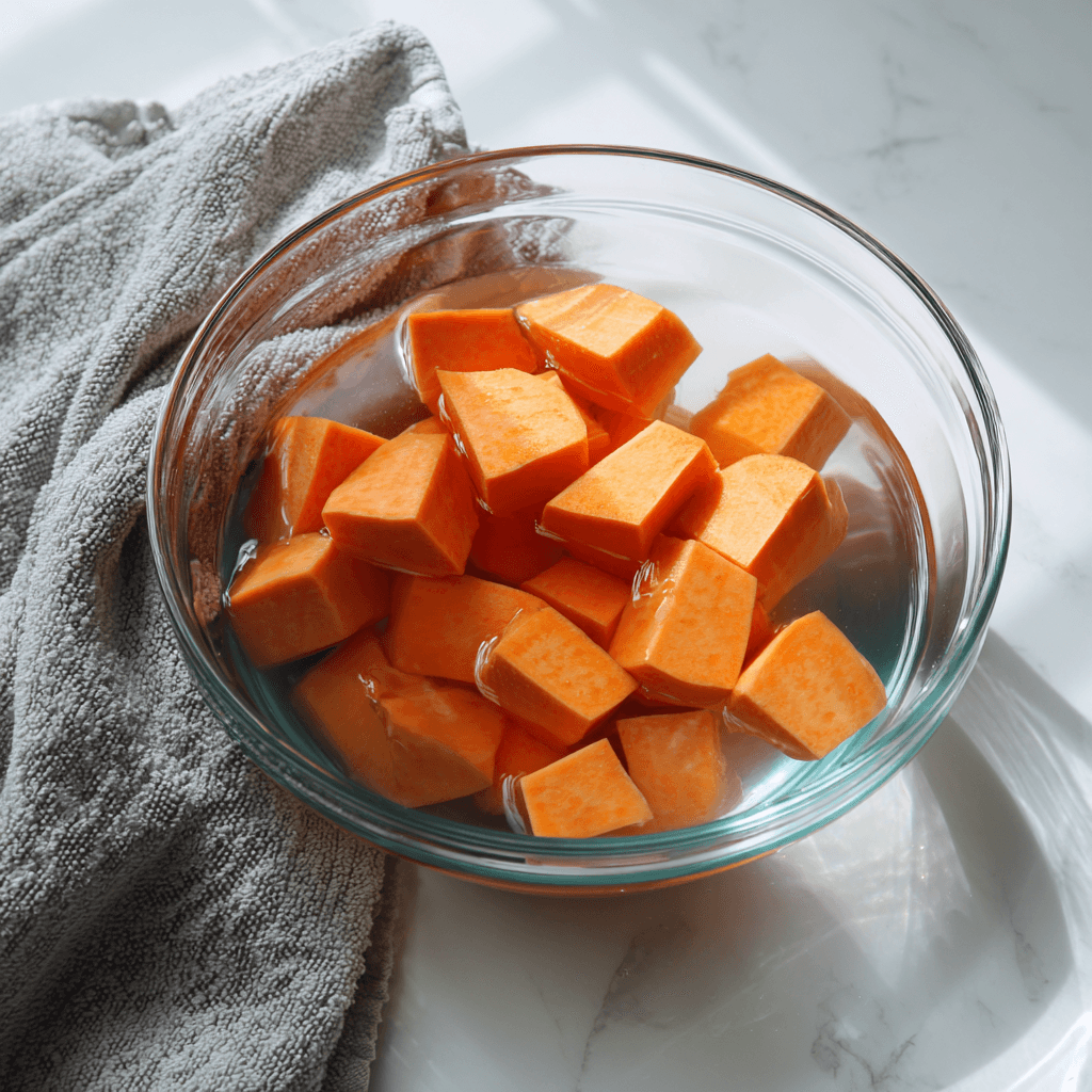 Air Fryer Roasted Sweet Potatoes: Crispy, Quick, Comforting 2 Cubed sweet potatoes soaking in water before air frying