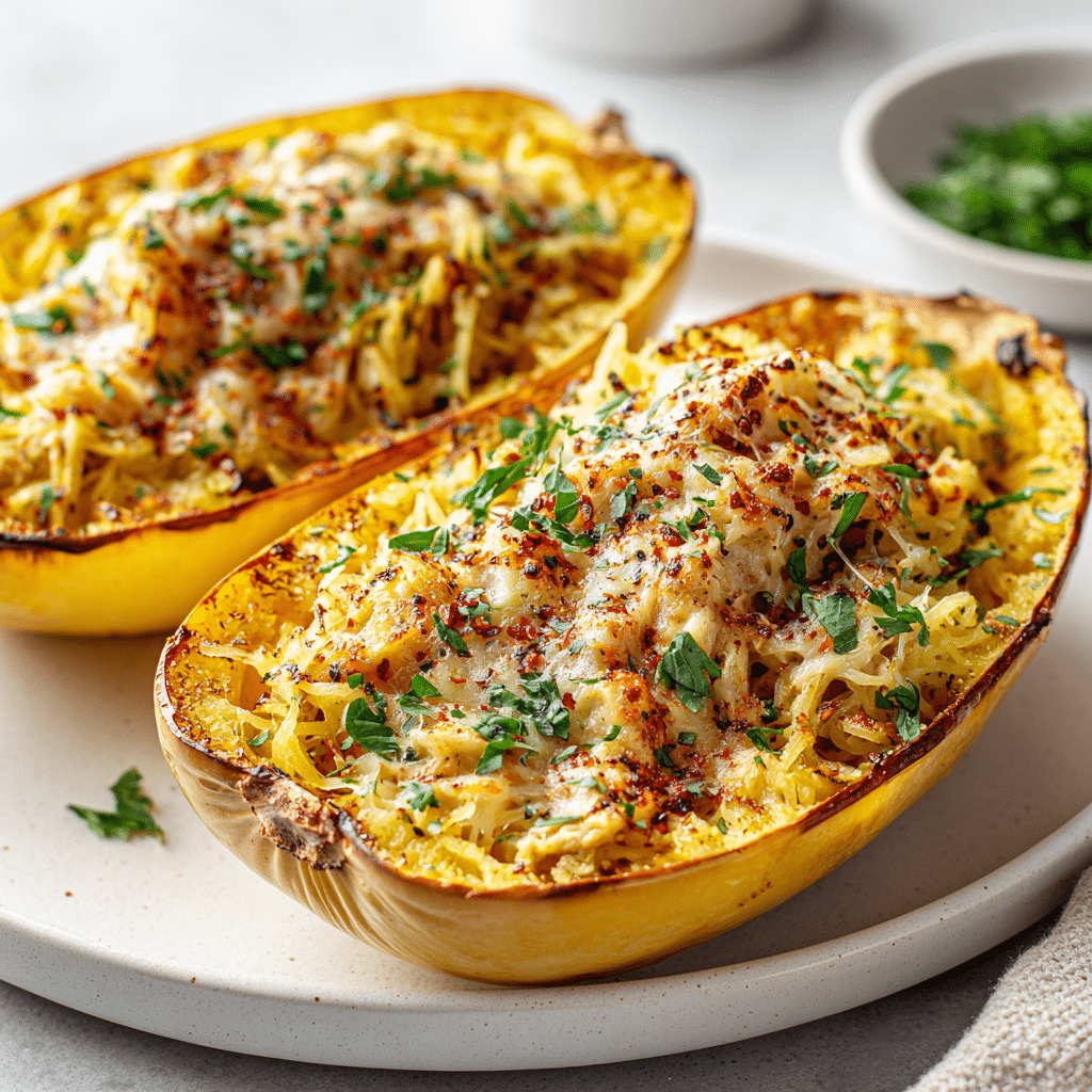 Spaghetti Squash with Chicken – Healthy Comfort Food Made Easy 3 Spaghetti squash with chicken baked in golden cheesy squash boats