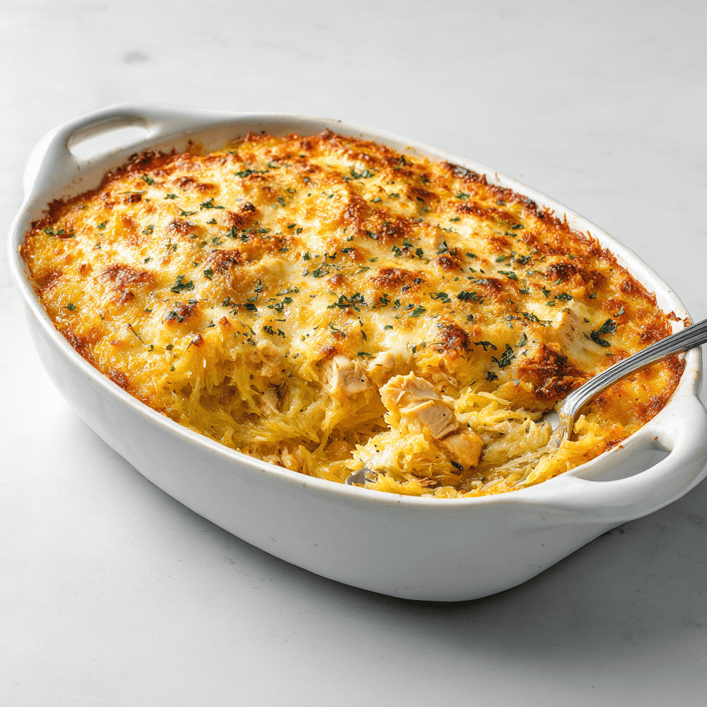 Spaghetti Squash with Chicken – Healthy Comfort Food Made Easy 5 Spaghetti squash and chicken casserole in a white baking dish