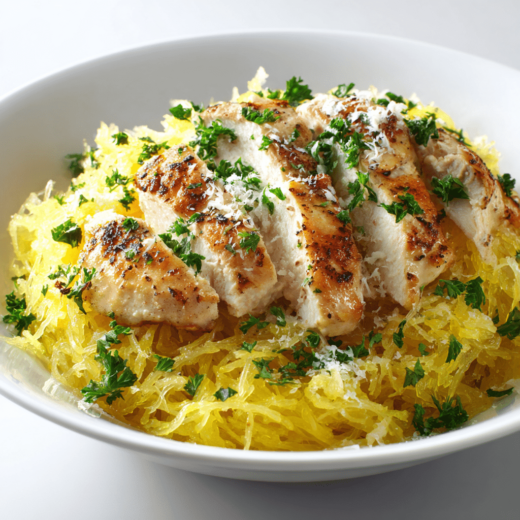 Spaghetti Squash with Chicken – Healthy Comfort Food Made Easy 1 Photorealistic plated spaghetti squash with chicken on a white background