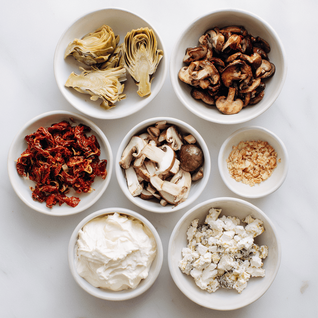 Bowls of artichokes, sun-dried tomatoes, mushrooms, tofu feta, and cashew cream