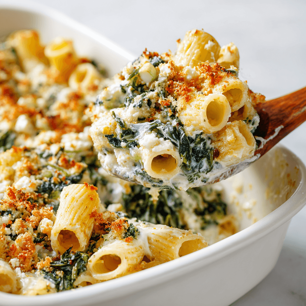 Textured baked spanakopita pasta with greens and feta served from casserole