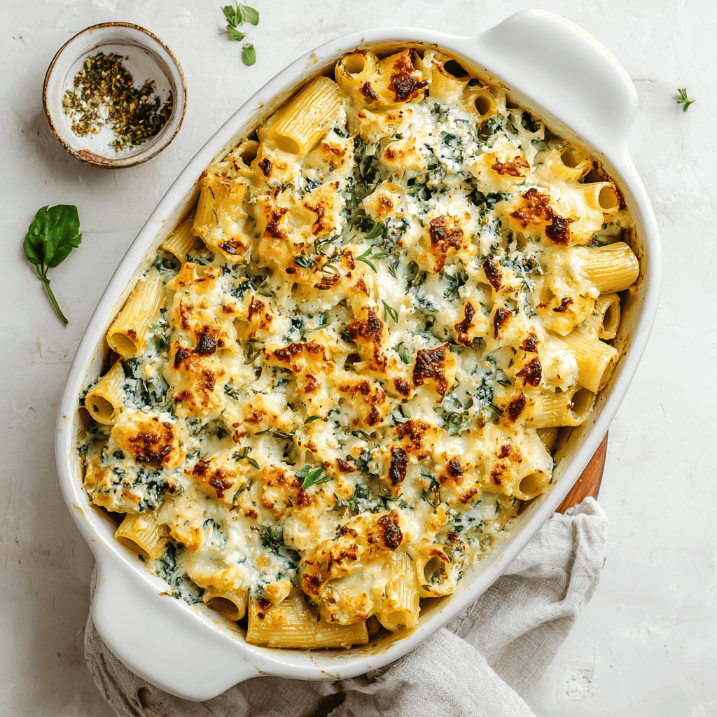Comforting baked spanakopita pasta with greens and feta in a white dish