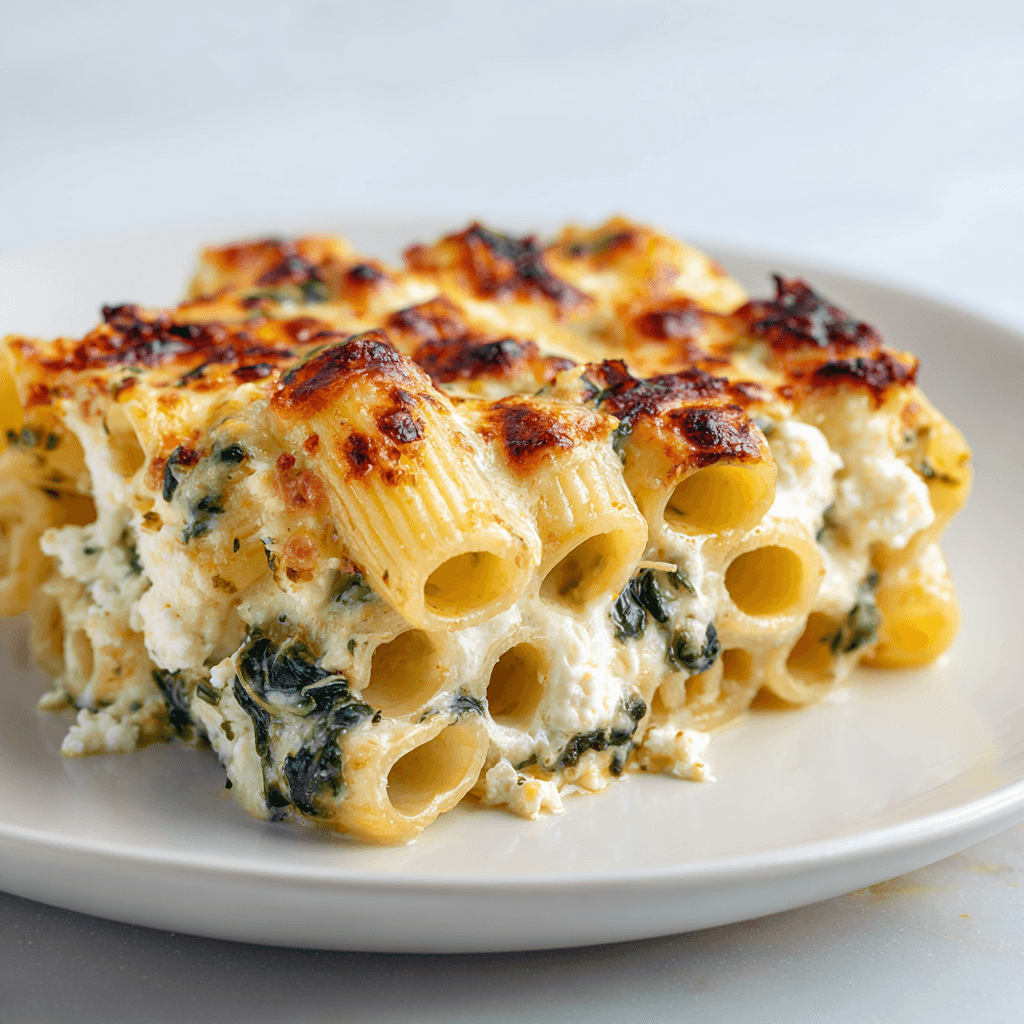 Plated serving of baked spanakopita pasta with golden top and greens